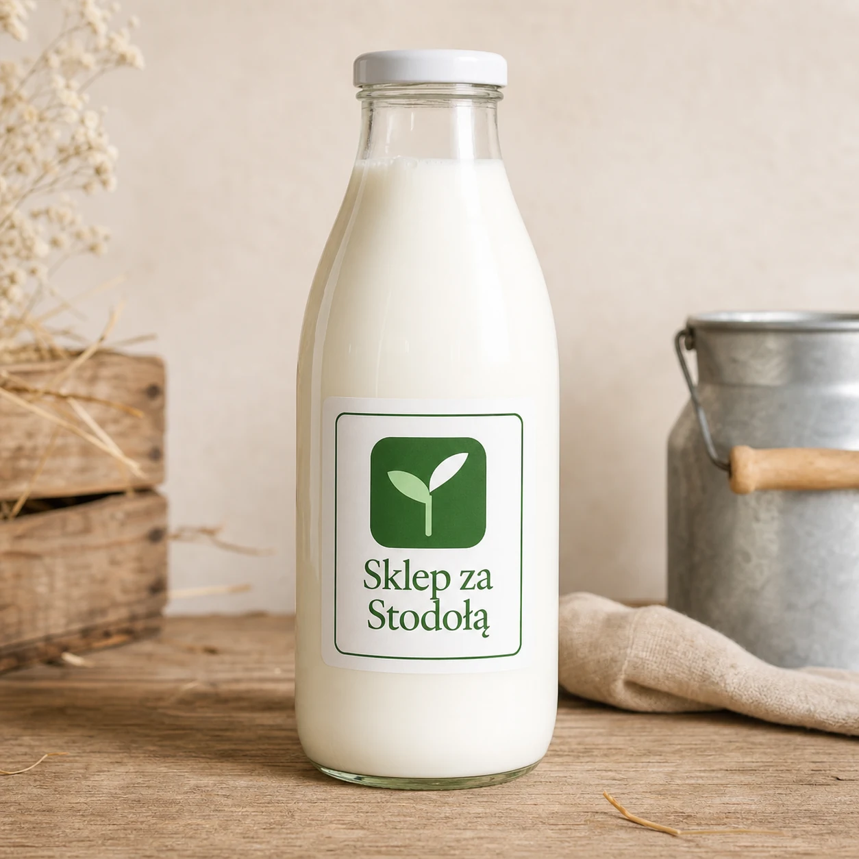 Szklana butelka do mleka z logo Sklep za Stodołą